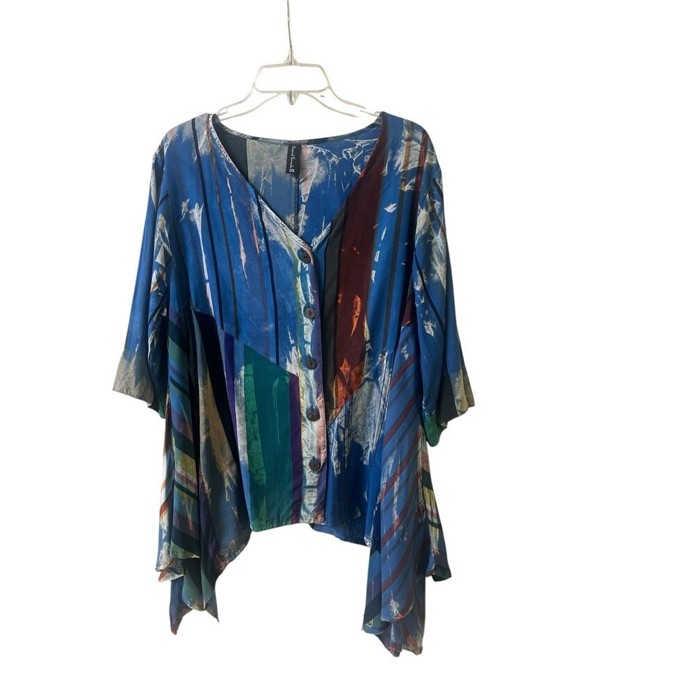 Sacred Threads button down top with shark tooth hem tie dye look OSFM